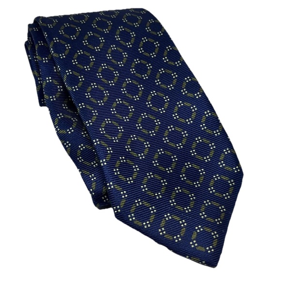 ISAIA Geometric Blue Olive 100% Silk Men’s Neck Tie Hand Made Italy